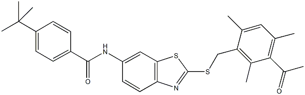 N-{2-[(3-acetyl-2,4,6-trimethylbenzyl)sulfanyl]-1,3-benzothiazol-6-yl}-4-tert-butylbenzamide Struktur