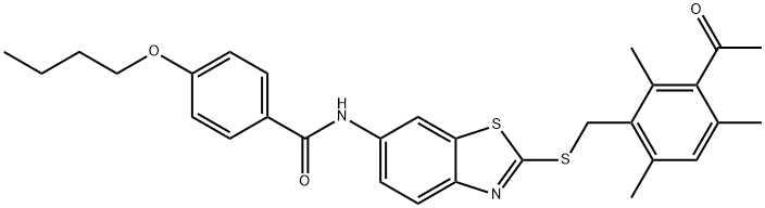 N-{2-[(3-acetyl-2,4,6-trimethylbenzyl)sulfanyl]-1,3-benzothiazol-6-yl}-4-butoxybenzamide Struktur