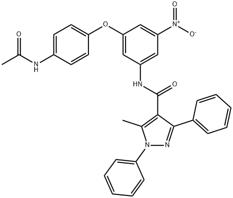 N-{3-[4-(acetylamino)phenoxy]-5-nitrophenyl}-5-methyl-1,3-diphenyl-1H-pyrazole-4-carboxamide Struktur