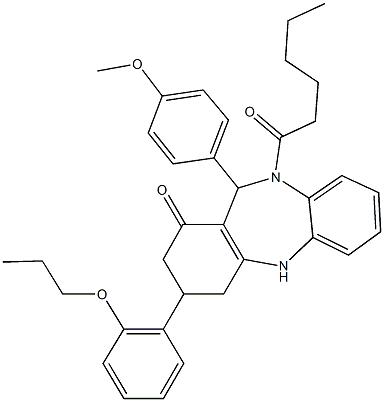 10-hexanoyl-11-(4-methoxyphenyl)-3-(2-propoxyphenyl)-2,3,4,5,10,11-hexahydro-1H-dibenzo[b,e][1,4]diazepin-1-one 结构式