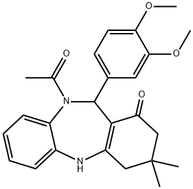 10-acetyl-11-(3,4-dimethoxyphenyl)-3,3-dimethyl-2,3,4,5,10,11-hexahydro-1H-dibenzo[b,e][1,4]diazepin-1-one Struktur