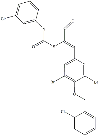 3-(3-chlorophenyl)-5-{3,5-dibromo-4-[(2-chlorobenzyl)oxy]benzylidene}-1,3-thiazolidine-2,4-dione Struktur