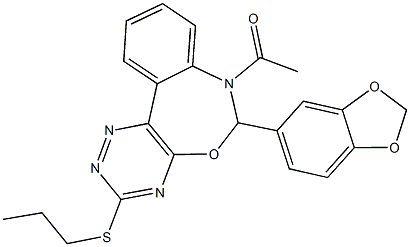 7-acetyl-6-(1,3-benzodioxol-5-yl)-6,7-dihydro[1,2,4]triazino[5,6-d][3,1]benzoxazepin-3-yl propyl sulfide Struktur