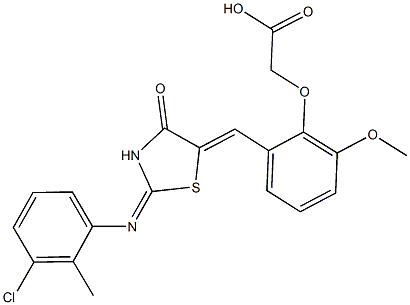 [2-({2-[(3-chloro-2-methylphenyl)imino]-4-oxo-1,3-thiazolidin-5-ylidene}methyl)-6-methoxyphenoxy]acetic acid Struktur