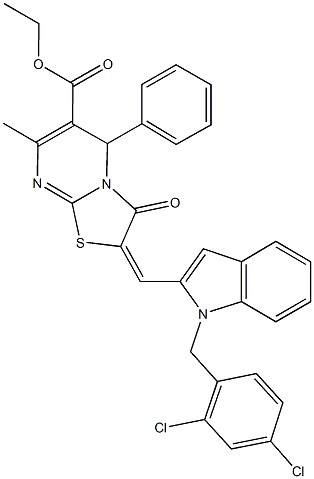 ethyl 2-{[1-(2,4-dichlorobenzyl)-1H-indol-2-yl]methylene}-7-methyl-3-oxo-5-phenyl-2,3-dihydro-5H-[1,3]thiazolo[3,2-a]pyrimidine-6-carboxylate Struktur