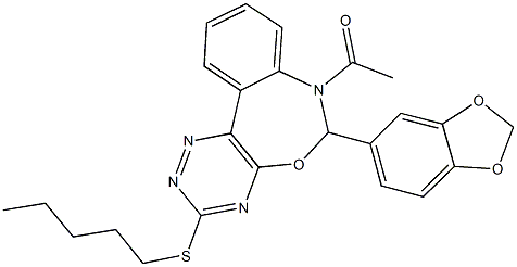 7-acetyl-6-(1,3-benzodioxol-5-yl)-6,7-dihydro[1,2,4]triazino[5,6-d][3,1]benzoxazepin-3-yl pentyl sulfide Struktur