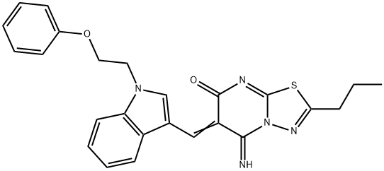 5-imino-6-{[1-(2-phenoxyethyl)-1H-indol-3-yl]methylene}-2-propyl-5,6-dihydro-7H-[1,3,4]thiadiazolo[3,2-a]pyrimidin-7-one Struktur