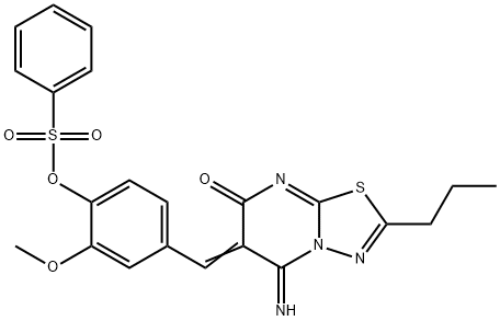 4-[(5-imino-7-oxo-2-propyl-5H-[1,3,4]thiadiazolo[3,2-a]pyrimidin-6(7H)-ylidene)methyl]-2-methoxyphenyl benzenesulfonate Struktur