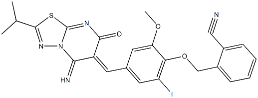 2-({4-[(5-imino-2-isopropyl-7-oxo-5H-[1,3,4]thiadiazolo[3,2-a]pyrimidin-6(7H)-ylidene)methyl]-2-iodo-6-methoxyphenoxy}methyl)benzonitrile Structure
