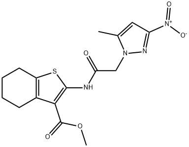 methyl 2-[({3-nitro-5-methyl-1H-pyrazol-1-yl}acetyl)amino]-4,5,6,7-tetrahydro-1-benzothiophene-3-carboxylate Struktur