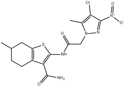 2-[({4-chloro-3-nitro-5-methyl-1H-pyrazol-1-yl}acetyl)amino]-6-methyl-4,5,6,7-tetrahydro-1-benzothiophene-3-carboxamide Structure