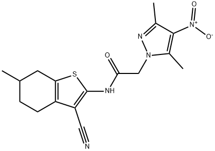 N-(3-cyano-6-methyl-4,5,6,7-tetrahydro-1-benzothien-2-yl)-2-{4-nitro-3,5-dimethyl-1H-pyrazol-1-yl}acetamide Structure