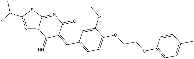 5-imino-2-isopropyl-6-(3-methoxy-4-{2-[(4-methylphenyl)sulfanyl]ethoxy}benzylidene)-5,6-dihydro-7H-[1,3,4]thiadiazolo[3,2-a]pyrimidin-7-one Struktur