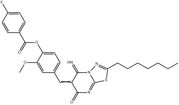 4-[(2-heptyl-5-imino-7-oxo-5H-[1,3,4]thiadiazolo[3,2-a]pyrimidin-6(7H)-ylidene)methyl]-2-methoxyphenyl 4-fluorobenzoate 结构式