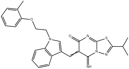 5-imino-2-isopropyl-6-({1-[2-(2-methylphenoxy)ethyl]-1H-indol-3-yl}methylene)-5,6-dihydro-7H-[1,3,4]thiadiazolo[3,2-a]pyrimidin-7-one,361200-73-9,结构式