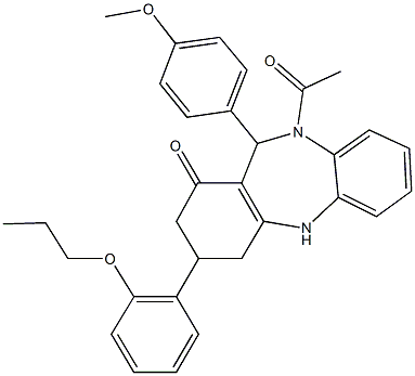 10-acetyl-11-(4-methoxyphenyl)-3-(2-propoxyphenyl)-2,3,4,5,10,11-hexahydro-1H-dibenzo[b,e][1,4]diazepin-1-one Structure