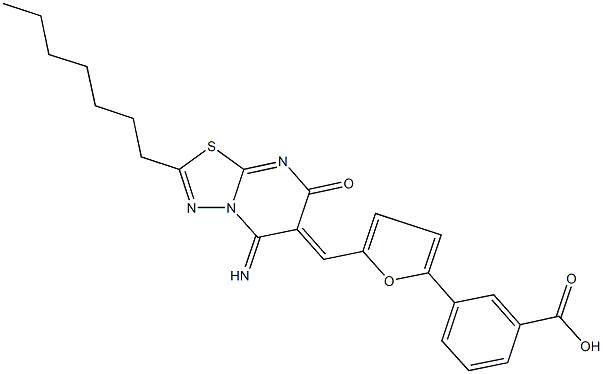 3-{5-[(2-heptyl-5-imino-7-oxo-5H-[1,3,4]thiadiazolo[3,2-a]pyrimidin-6(7H)-ylidene)methyl]-2-furyl}benzoic acid Struktur