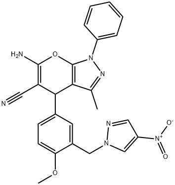 370872-58-5 6-amino-4-[3-({4-nitro-1H-pyrazol-1-yl}methyl)-4-methoxyphenyl]-3-methyl-1-phenyl-1,4-dihydropyrano[2,3-c]pyrazole-5-carbonitrile