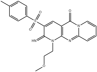 2-imino-1-(2-methoxyethyl)-3-[(4-methylphenyl)sulfonyl]-1,2-dihydro-5H-dipyrido[1,2-a:2,3-d]pyrimidin-5-one Struktur