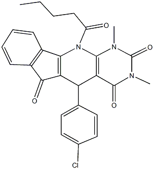 5-(4-chlorophenyl)-1,3-dimethyl-11-pentanoyl-5,11-dihydro-1H-indeno[2',1':5,6]pyrido[2,3-d]pyrimidine-2,4,6(3H)-trione Struktur
