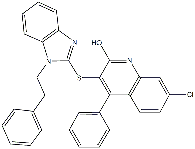 7-chloro-4-phenyl-3-{[1-(2-phenylethyl)-1H-benzimidazol-2-yl]sulfanyl}quinolin-2-ol Struktur