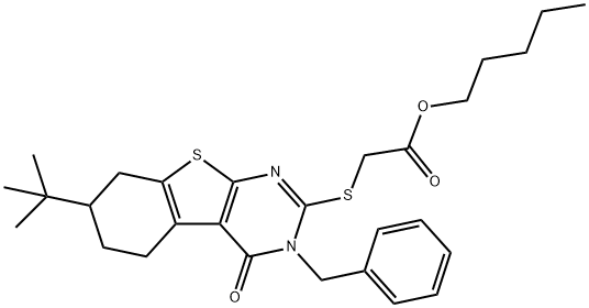 pentyl [(3-benzyl-7-tert-butyl-4-oxo-3,4,5,6,7,8-hexahydro[1]benzothieno[2,3-d]pyrimidin-2-yl)sulfanyl]acetate 化学構造式