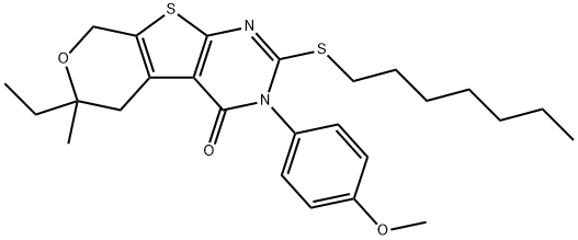 6-ethyl-2-(heptylsulfanyl)-3-(4-methoxyphenyl)-6-methyl-3,5,6,8-tetrahydro-4H-pyrano[4',3':4,5]thieno[2,3-d]pyrimidin-4-one Struktur
