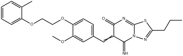 5-imino-6-{3-methoxy-4-[2-(2-methylphenoxy)ethoxy]benzylidene}-2-propyl-5,6-dihydro-7H-[1,3,4]thiadiazolo[3,2-a]pyrimidin-7-one Struktur