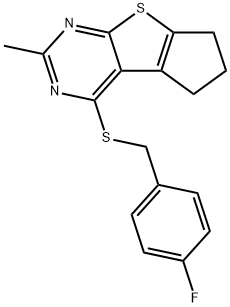 4-[(4-fluorobenzyl)sulfanyl]-2-methyl-6,7-dihydro-5H-cyclopenta[4,5]thieno[2,3-d]pyrimidine Struktur