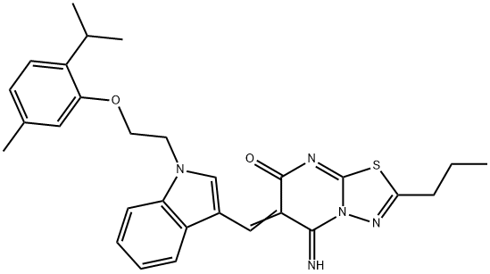 5-imino-6-({1-[2-(2-isopropyl-5-methylphenoxy)ethyl]-1H-indol-3-yl}methylene)-2-propyl-5,6-dihydro-7H-[1,3,4]thiadiazolo[3,2-a]pyrimidin-7-one Structure