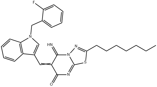 6-{[1-(2-fluorobenzyl)-1H-indol-3-yl]methylene}-2-heptyl-5-imino-5,6-dihydro-7H-[1,3,4]thiadiazolo[3,2-a]pyrimidin-7-one Struktur