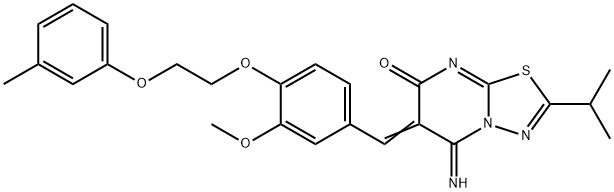 5-imino-2-isopropyl-6-{3-methoxy-4-[2-(3-methylphenoxy)ethoxy]benzylidene}-5,6-dihydro-7H-[1,3,4]thiadiazolo[3,2-a]pyrimidin-7-one Struktur