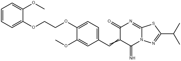 5-imino-2-isopropyl-6-{3-methoxy-4-[2-(2-methoxyphenoxy)ethoxy]benzylidene}-5,6-dihydro-7H-[1,3,4]thiadiazolo[3,2-a]pyrimidin-7-one Struktur