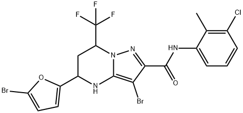 3-bromo-5-(5-bromo-2-furyl)-N-(3-chloro-2-methylphenyl)-7-(trifluoromethyl)-4,5,6,7-tetrahydropyrazolo[1,5-a]pyrimidine-2-carboxamide Struktur