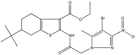 ethyl 2-[({4-bromo-3-nitro-5-methyl-1H-pyrazol-1-yl}acetyl)amino]-6-tert-butyl-4,5,6,7-tetrahydro-1-benzothiophene-3-carboxylate Struktur