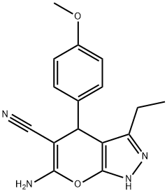 6-amino-3-ethyl-4-(4-methoxyphenyl)-1,4-dihydropyrano[2,3-c]pyrazole-5-carbonitrile,385403-08-7,结构式
