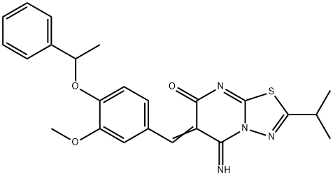 5-imino-2-isopropyl-6-[3-methoxy-4-(1-phenylethoxy)benzylidene]-5,6-dihydro-7H-[1,3,4]thiadiazolo[3,2-a]pyrimidin-7-one Struktur
