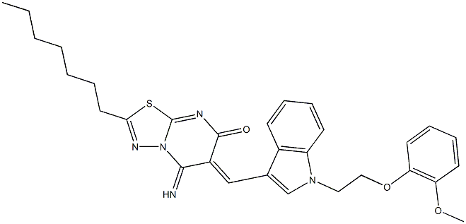 2-heptyl-5-imino-6-({1-[2-(2-methoxyphenoxy)ethyl]-1H-indol-3-yl}methylene)-5,6-dihydro-7H-[1,3,4]thiadiazolo[3,2-a]pyrimidin-7-one Struktur