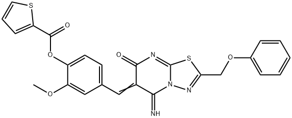 4-[(5-imino-7-oxo-2-(phenoxymethyl)-5H-[1,3,4]thiadiazolo[3,2-a]pyrimidin-6(7H)-ylidene)methyl]-2-methoxyphenyl 2-thiophenecarboxylate Struktur