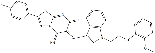 5-imino-6-({1-[2-(2-methoxyphenoxy)ethyl]-1H-indol-3-yl}methylene)-2-(4-methylphenyl)-5,6-dihydro-7H-[1,3,4]thiadiazolo[3,2-a]pyrimidin-7-one Struktur