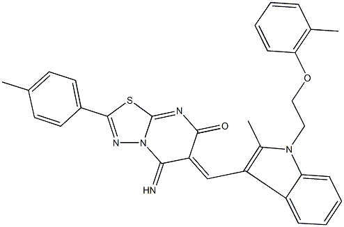 5-imino-6-({2-methyl-1-[2-(2-methylphenoxy)ethyl]-1H-indol-3-yl}methylene)-2-(4-methylphenyl)-5,6-dihydro-7H-[1,3,4]thiadiazolo[3,2-a]pyrimidin-7-one Structure