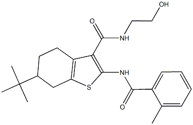 6-tert-butyl-N-(2-hydroxyethyl)-2-[(2-methylbenzoyl)amino]-4,5,6,7-tetrahydro-1-benzothiophene-3-carboxamide Struktur