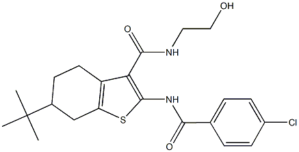 6-tert-butyl-2-[(4-chlorobenzoyl)amino]-N-(2-hydroxyethyl)-4,5,6,7-tetrahydro-1-benzothiophene-3-carboxamide 化学構造式
