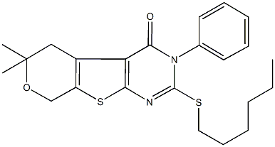 2-(hexylsulfanyl)-6,6-dimethyl-3-phenyl-3,5,6,8-tetrahydro-4H-pyrano[4',3':4,5]thieno[2,3-d]pyrimidin-4-one 结构式