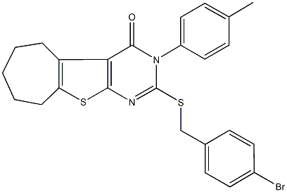 2-[(4-bromobenzyl)sulfanyl]-3-(4-methylphenyl)-3,5,6,7,8,9-hexahydro-4H-cyclohepta[4,5]thieno[2,3-d]pyrimidin-4-one,421575-02-2,结构式