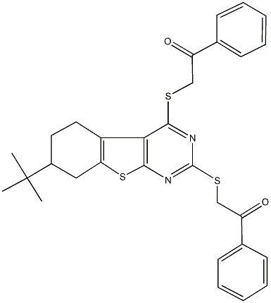 421575-10-2 2-({7-tert-butyl-2-[(2-oxo-2-phenylethyl)sulfanyl]-5,6,7,8-tetrahydro[1]benzothieno[2,3-d]pyrimidin-4-yl}sulfanyl)-1-phenylethanone