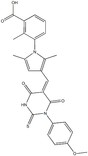 3-{3-[(1-(4-methoxyphenyl)-4,6-dioxo-2-thioxotetrahydro-5(2H)-pyrimidinylidene)methyl]-2,5-dimethyl-1H-pyrrol-1-yl}-2-methylbenzoic acid Structure