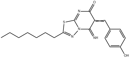 2-heptyl-6-(4-hydroxybenzylidene)-5-imino-5,6-dihydro-7H-[1,3,4]thiadiazolo[3,2-a]pyrimidin-7-one 结构式