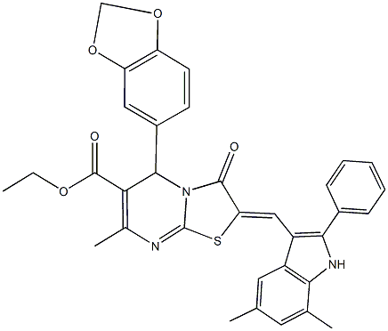 432022-68-9 ethyl 5-(1,3-benzodioxol-5-yl)-2-[(5,7-dimethyl-2-phenyl-1H-indol-3-yl)methylene]-7-methyl-3-oxo-2,3-dihydro-5H-[1,3]thiazolo[3,2-a]pyrimidine-6-carboxylate