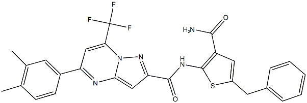 N-[3-(aminocarbonyl)-5-benzyl-2-thienyl]-5-(3,4-dimethylphenyl)-7-(trifluoromethyl)pyrazolo[1,5-a]pyrimidine-2-carboxamide Struktur